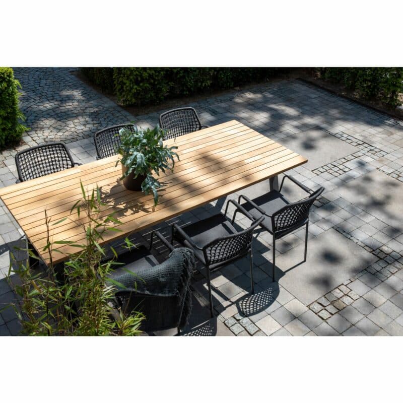 4Seasons Outdoor Gartenmöbelset mit "Barista" Diningsessel, Gestell Edelstahl anthrazit, Sitz Rope anthrazit, Kissen Olefin grau, und "Ambassador" Gartentisch 240x100 cm, Gestell Edelstahl anthrazit, Tischplatte Teak