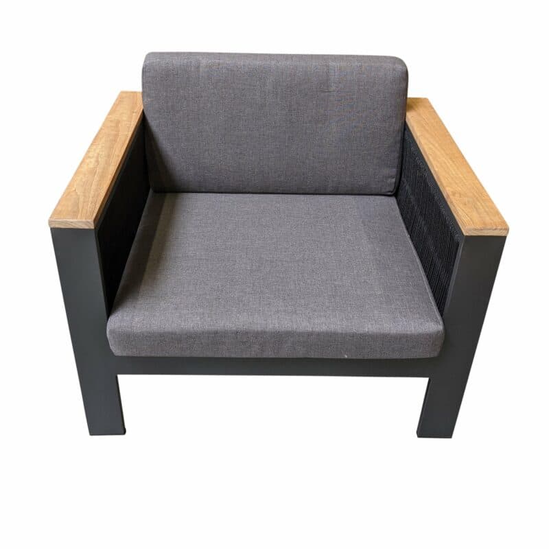 Jati&Kebon Loungesessel "Miray", Gestell Aluminium eisengrau, Rope schwarz, Teakarmlehnen, Polster grau