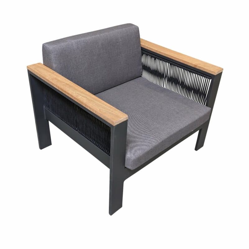 Jati&Kebon Loungesessel "Miray", Gestell Aluminium eisengrau, Rope schwarz, Teakarmlehnen, Polster grau