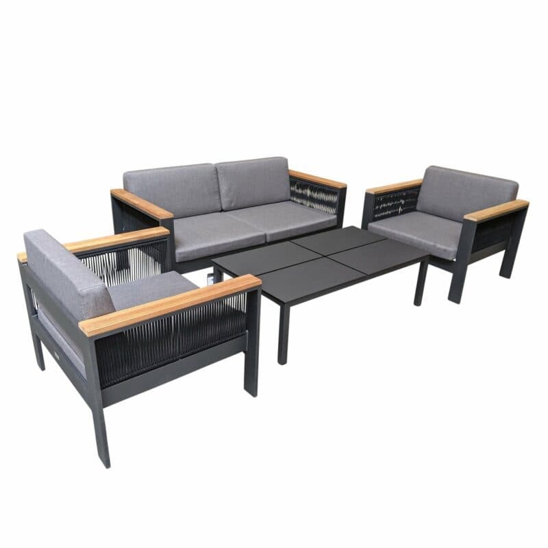 Jati&Kebon Loungeset "Miray", Gestell Aluminium eisengrau, Rope schwarz, Teakarmlehnen, Polster grau mit Loungetisch "Liem"
