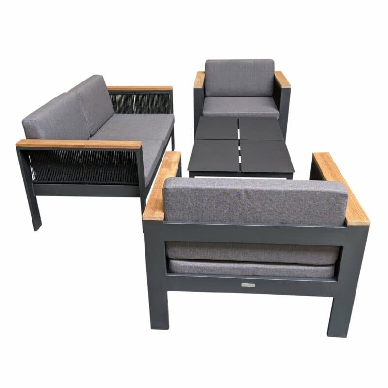 Jati&Kebon Loungeset "Miray", Gestell Aluminium eisengrau, Rope schwarz, Teakarmlehnen, Polster grau mit Loungetisch "Liem"