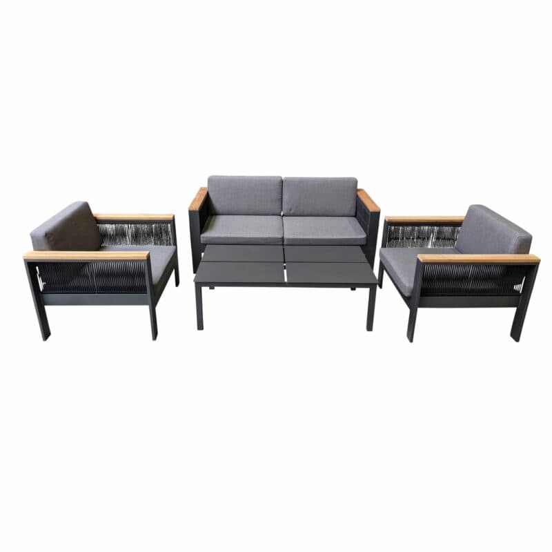 Jati&Kebon Loungeset "Miray", Gestell Aluminium eisengrau, Rope schwarz, Teakarmlehnen, Polster grau mit Loungetisch "Liem"