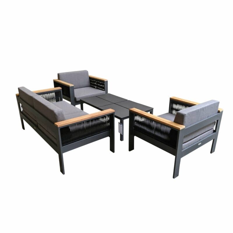 Jati&Kebon Loungeset "Miray", Gestell Aluminium eisengrau, Rope schwarz, Teakarmlehnen, Polster grau mit Loungetisch "Liem"
