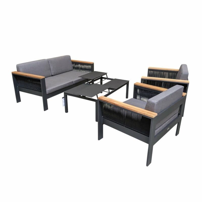 Jati&Kebon Loungeset "Miray", Gestell Aluminum eisengrau, Rope schwarz, Teakarmlehnen, Polster grau mit Loungetisch "Liem"