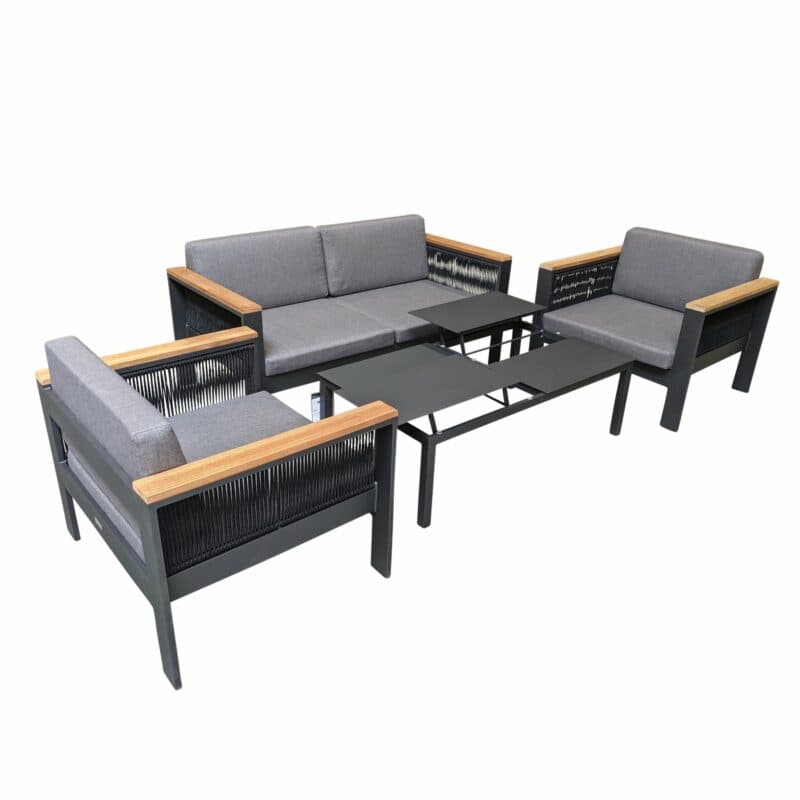 Jati&Kebon Loungeset "Miray", Gestell Aluminum eisengrau, Rope schwarz, Teakarmlehnen, Polster grau mit Loungetisch "Liem"