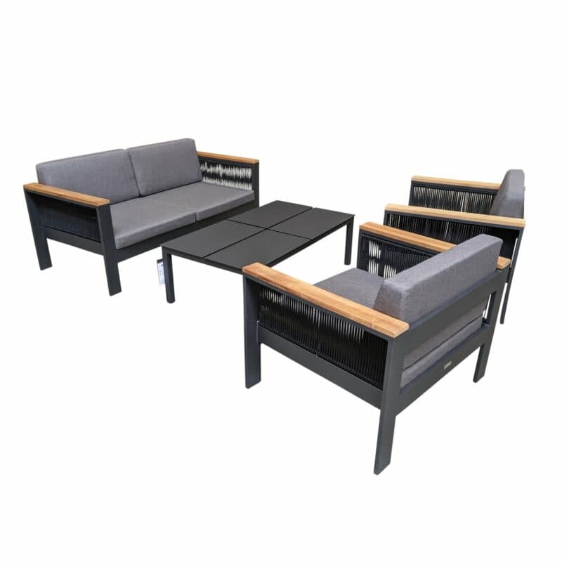 Jati&Kebon Loungeset "Miray", Gestell Aluminum eisengrau, Rope schwarz, Teakarmlehnen, Polster grau mit Loungetisch "Liem"
