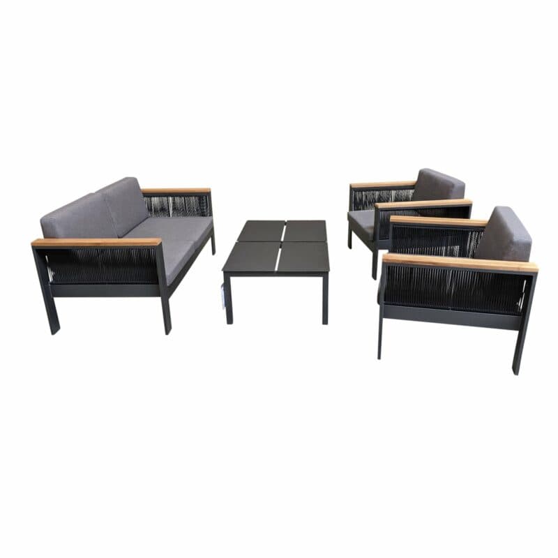 Jati&Kebon Loungeset "Miray", Gestell Aluminium eisengrau, Rope schwarz, Teakarmlehnen, Polster grau mit Loungetisch "Liem"