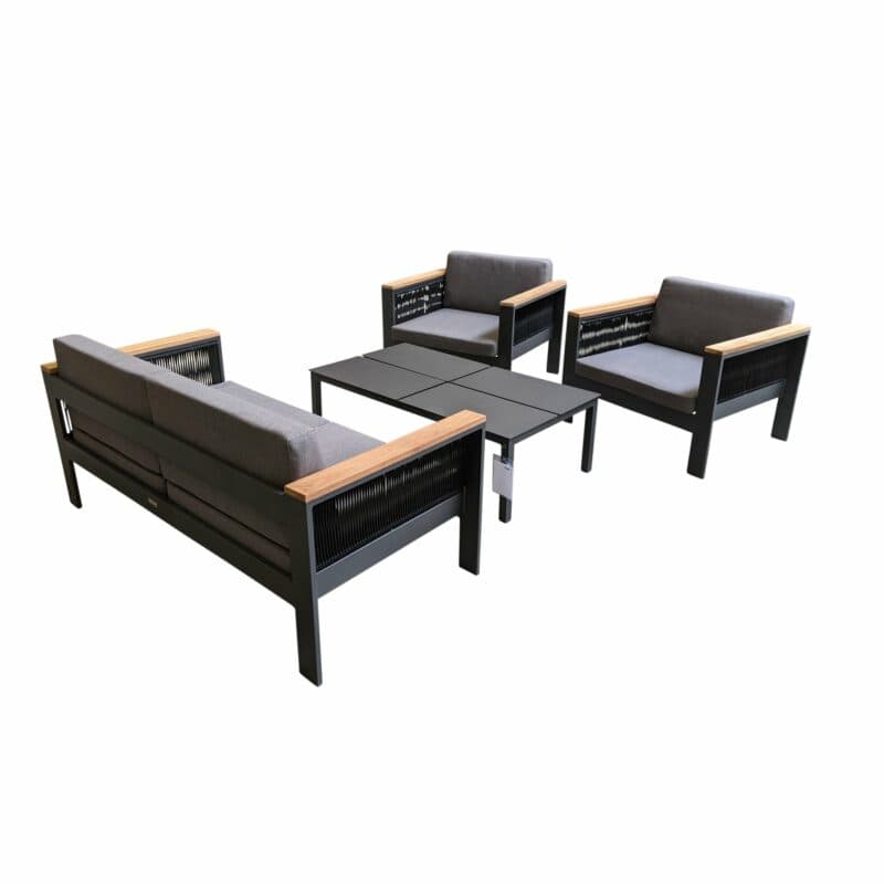 Jati&Kebon Loungeset "Miray", Gestell Aluminium eisengrau, Rope schwarz, Teakarmlehnen, Polster grau mit Loungetisch "Liem"