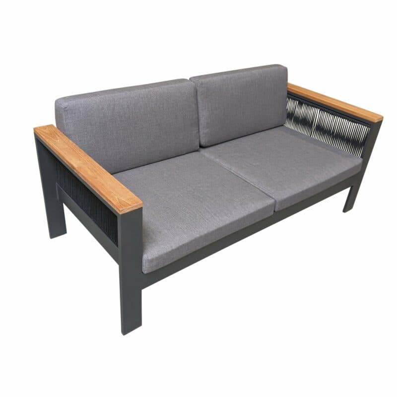 Jati&Kebon Loungesofa "Miray", Gestell Aluminium eisengrau, Rope schwarz, Teakarmlehnen, Polster grau