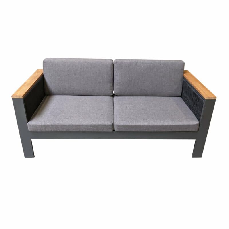 Jati&Kebon Loungesofa "Miray", Gestell Aluminium eisengrau, Rope schwarz, Teakarmlehnen, Polster grau