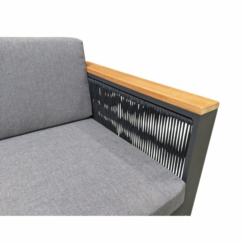 Jati&Kebon Loungesofa "Miray", Gestell Aluminium eisengrau, Rope schwarz, Teakarmlehnen, Polster grau