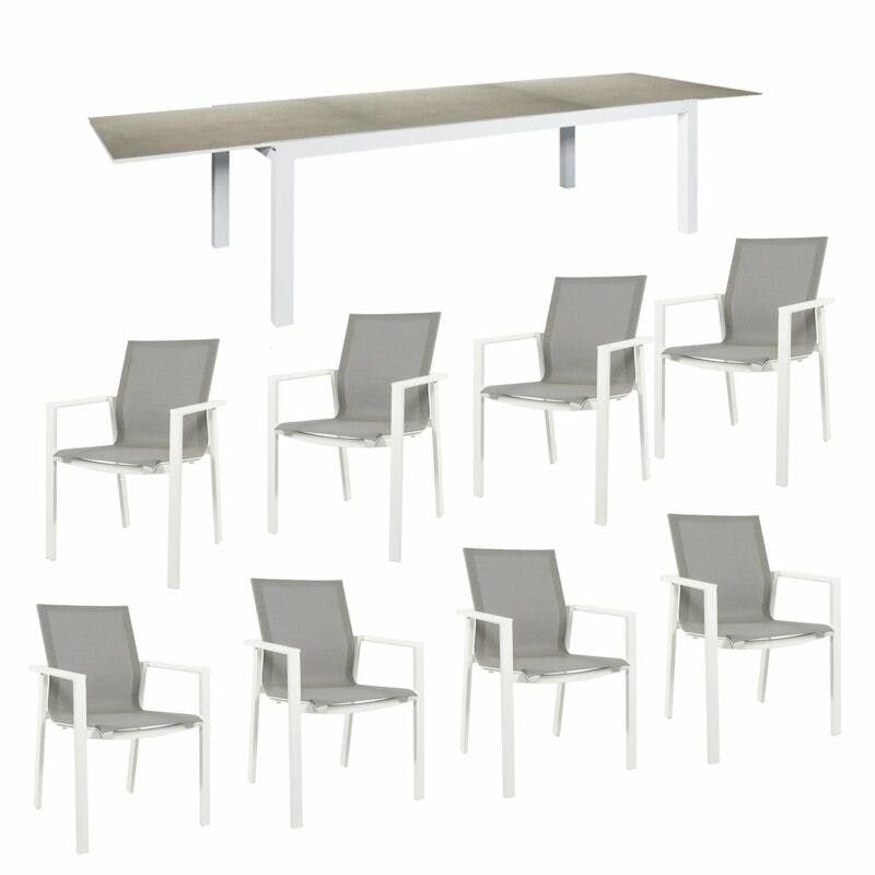 Jati&Kebon Gartenmöbel-Set mit Ausziehtisch "Livorno", Alu weiß, Tischplatte Keramik Zement hellgrau und acht Stühlen "Beja", Alu weiß, Textilen hellgrau