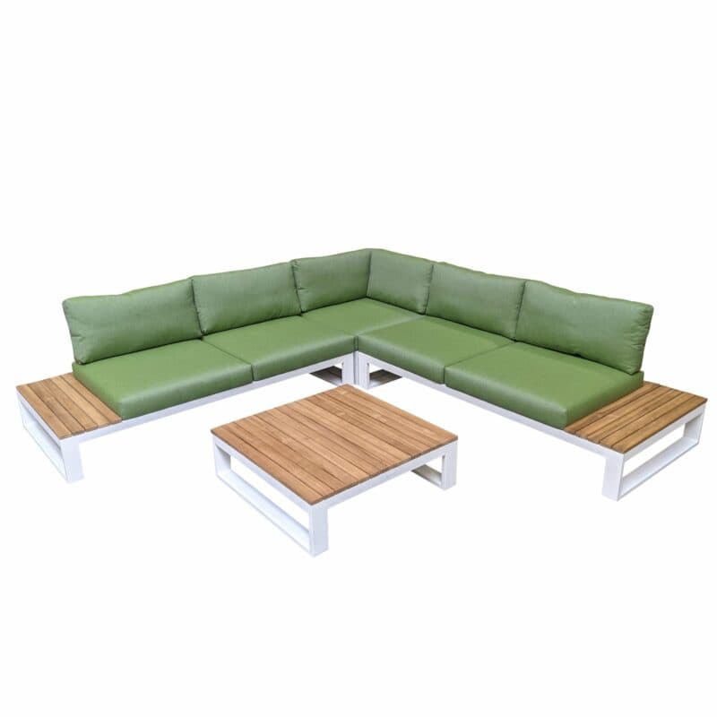 Jati&Kebon "Virginia" Ecklounge, Gestell Aluminium weiß mit Teak, Polster Sunbrella pistaziengrün