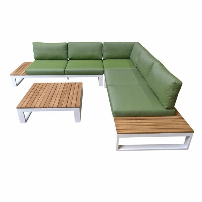 Jati&Kebon "Virginia" Ecklounge, Gestell Aluminium weiß mit Teak, Polster Sunbrella pistaziengrün
