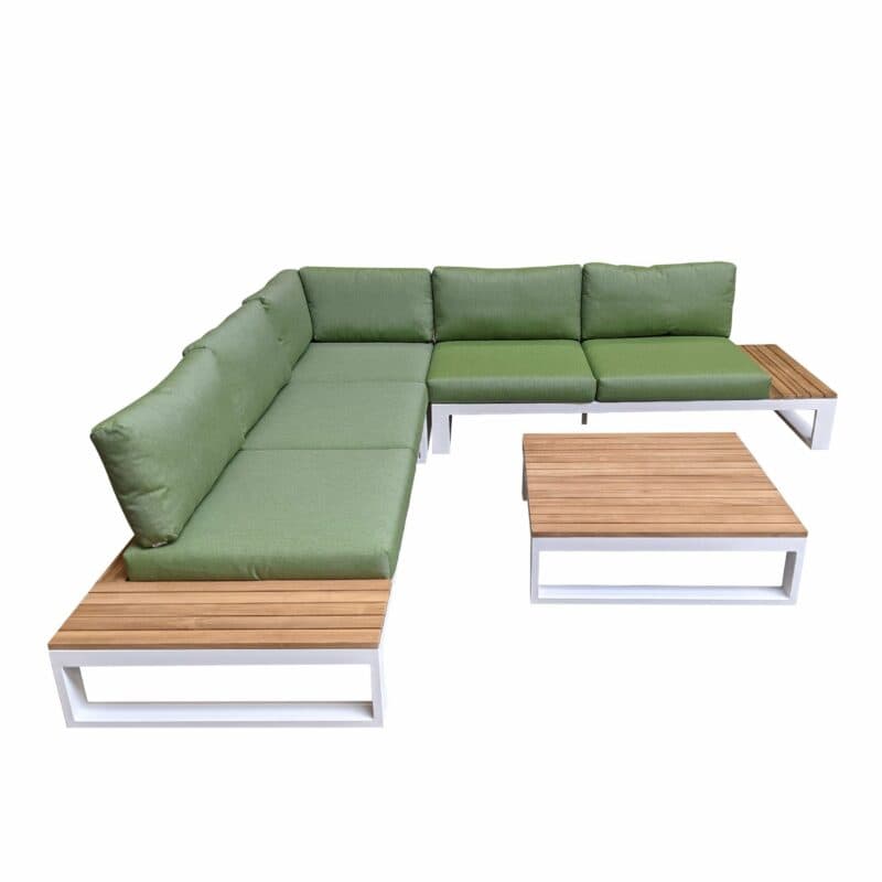 Jati&Kebon "Virginia" Ecklounge, Gestell Aluminium weiß mit Teak, Polster Sunbrella pistaziengrün