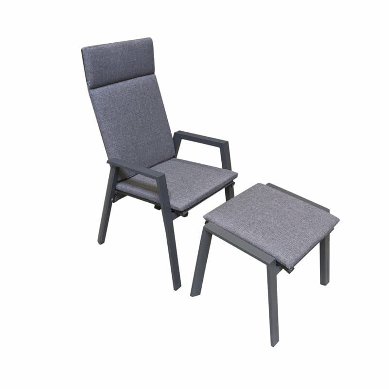 Lesli Living “Amir“ Hochlehner und Hocker, Gestelle Aluminium anthrazit matt, Sitz Textilgewebe schwarz/grau, Kissen & Auflage anthrazit