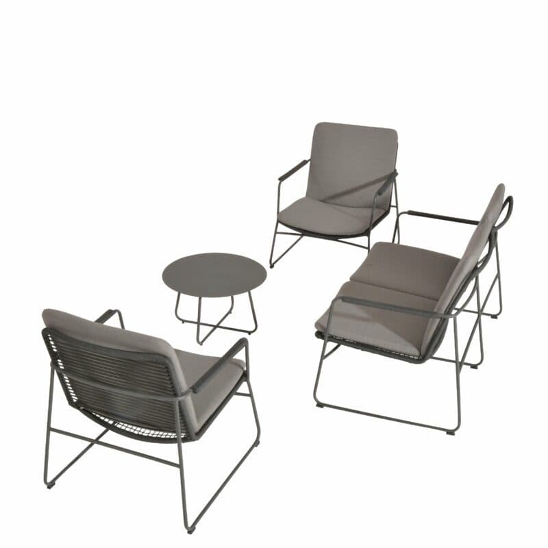 4 Seasons Outdoor "Elba" Loungemöbel Edelstahl anthrazit/Rope, Kissen grau, mit "Dali" Kaffeetisch Aluminium anthrazit, Ø 58,5 cm