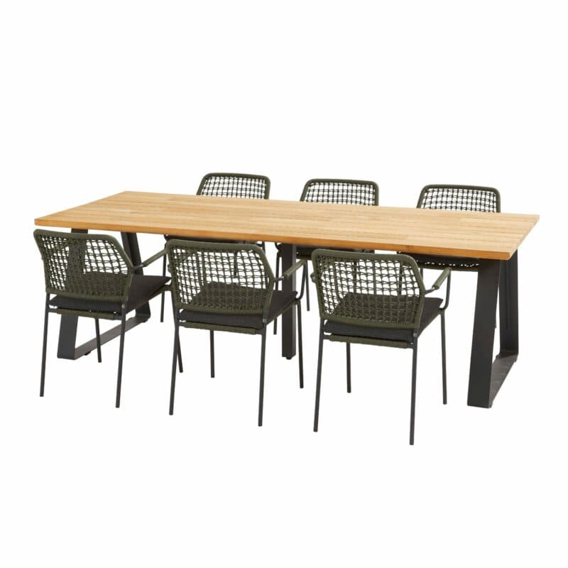 4Seasons Outdoor Gartenmöbel-Set mit Tisch "Basso", Gestell Aluminium anthrazit, Tischplatte Teak, und Diningsessel "Barista", Gestell Edelstahl anthrazit, Sitz Rope grün, Kissen Olefin grau