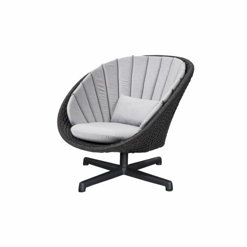 Cane-line "Peacock" Loungesessel, drehbarer Aluminiumfuß, Soft Rope dunkelgrau mit Kissen hellgrau