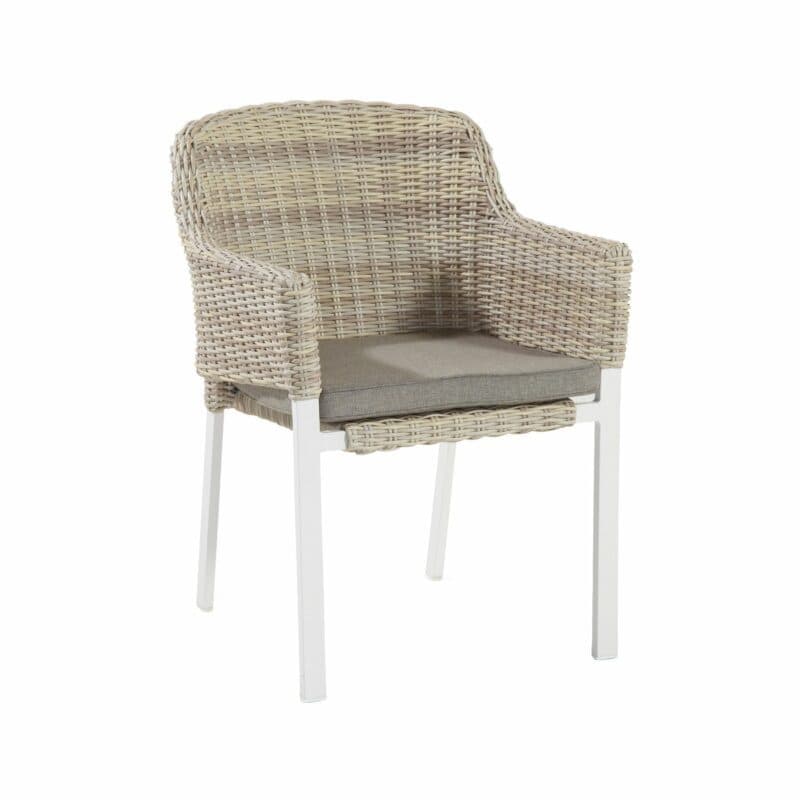 Hartmann "Cairo" Stapelstuhl, Aluminium weiß, Polyrattan sunny cream, Sitzkissen Olefin grey