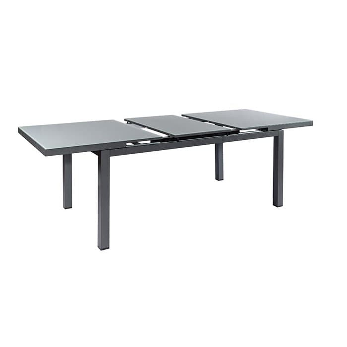 Jati&Kebon "Gabon" Ausziehtisch 160/210x90 cm, Gestell Aluminium eisengrau, Tischplatte Glas hellgrau