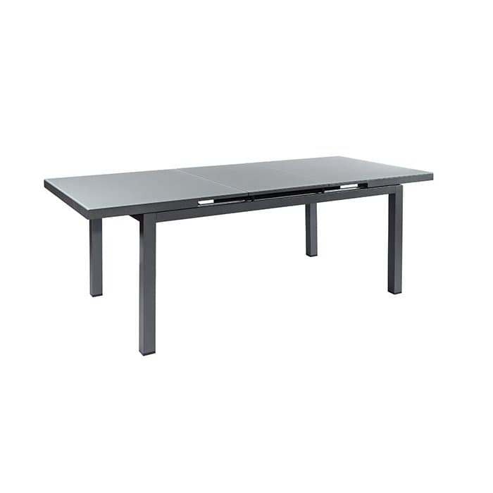 Jati&Kebon "Gabon" Ausziehtisch 160/210x90 cm, Gestell Aluminium eisengrau, Tischplatte Glas hellgrau