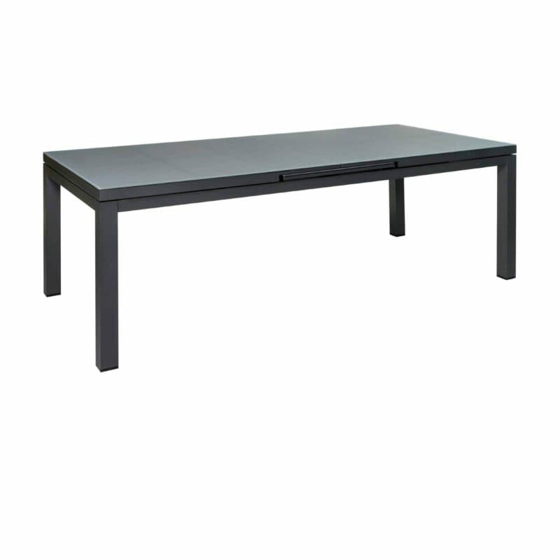 Jati&Kebon "Gabon" Ausziehtisch 220/280x100 cm, Gestell Aluminium eisengrau, Tischplatte Glas hellgrau