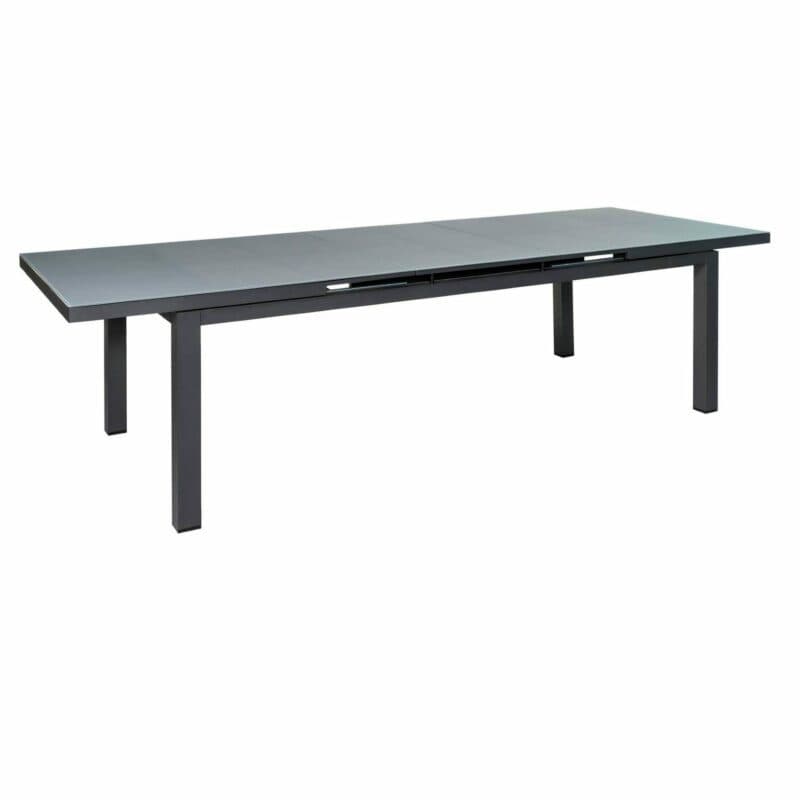 Jati&Kebon "Gabon" Ausziehtisch 220/280x100 cm, Gestell Aluminium eisengrau, Tischplatte Glas hellgrau