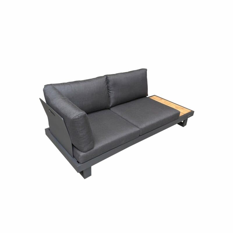 Jati&Kebon "Murlo" 2-Sitzer Loungesofa, Alu Eisengrau, Ablage Teak, Kissen Natté Sooty mit zusätzlicher Lehne und Kissen