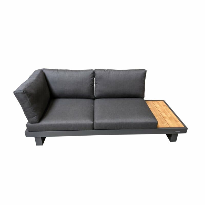 Jati&Kebon "Murlo" 2-Sitzer Loungesofa, Alu Eisengrau, Ablage Teak, Kissen Natté Sooty mit zusätzlicher Lehne und Kissen