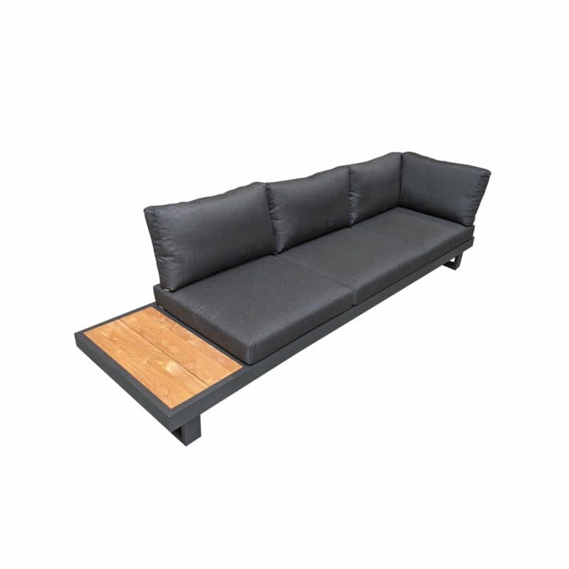 Jati&Kebon "Murlo" 3-Sitzer Loungesofa, Alu Eisengrau, Ablage Teak, Kissen Natté Sooty mit zusätzlicher Lehne und Kissen