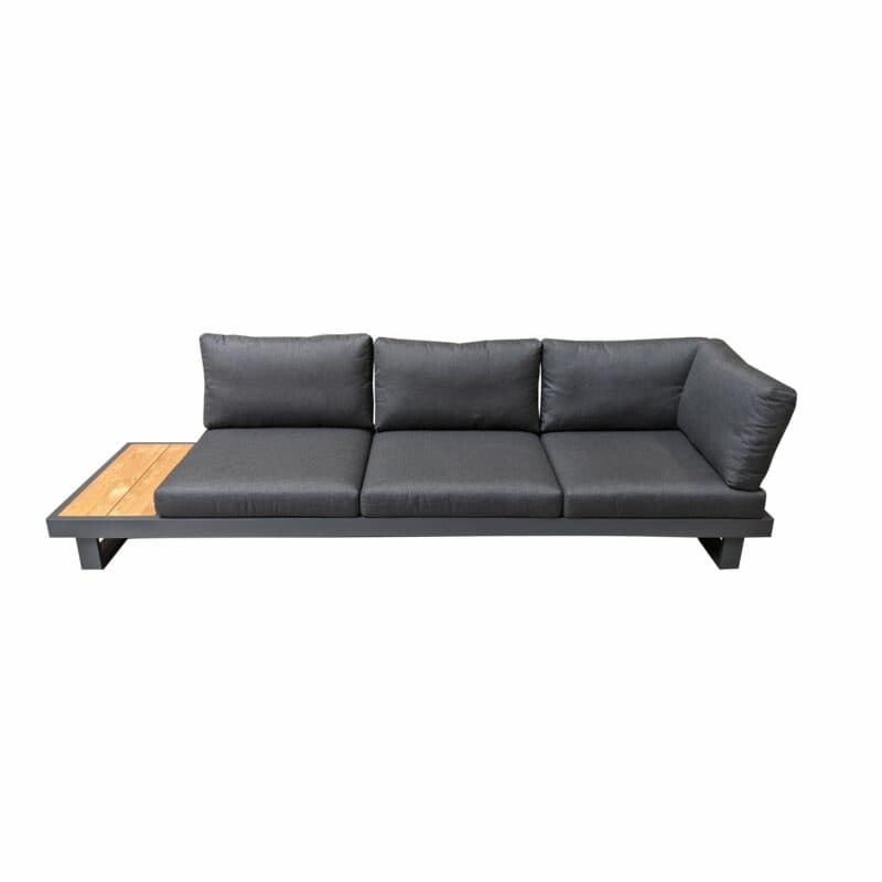 Jati&Kebon "Murlo" 3-Sitzer Loungesofa, Alu Eisengrau, Ablage Teak, Kissen Natté Sooty mit zusätzlicher Lehne und Kissen