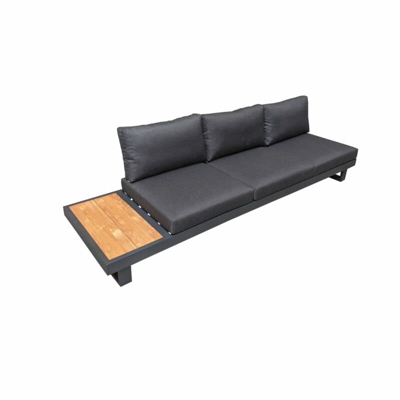 Jati&Kebon "Murlo" 3-Sitzer Loungesofa, Alu Eisengrau, Ablage Teak, Kissen Natté Sooty