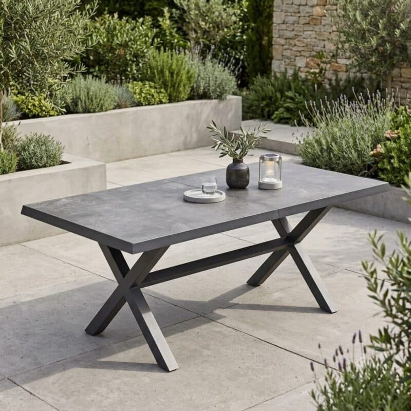 Lesli Living "Murcia" Ausziehtisch mit Kreuzgestell, Alu charcoal, Tischplatte Keramik stone