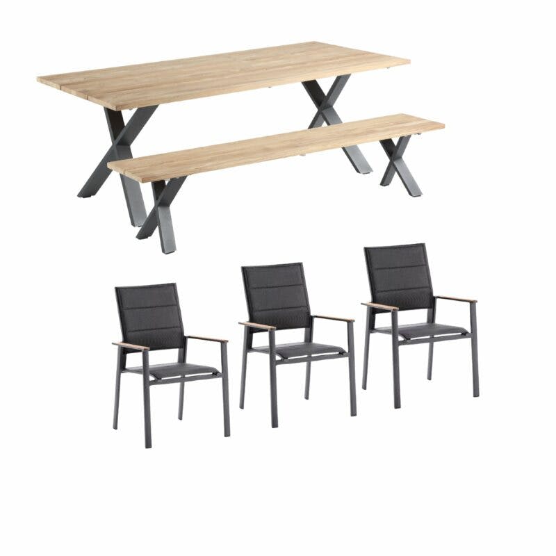 Niehoff Gartenmöbel-Set mit Tisch und Bank "Novara" und Stapelstuhl "Revent", Aluminium anthrazit, Tischplatte Teak, Sitz-und Rückenfläche gepolstert schwarz