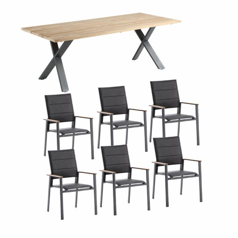Niehoff Gartenmöbel-Set mit Tisch "Novara" und Stapelstuhl "Revent", Aluminium anthrazit, Tischplatte Teak, Sitz-und Rückenfläche gepolstert schwarz