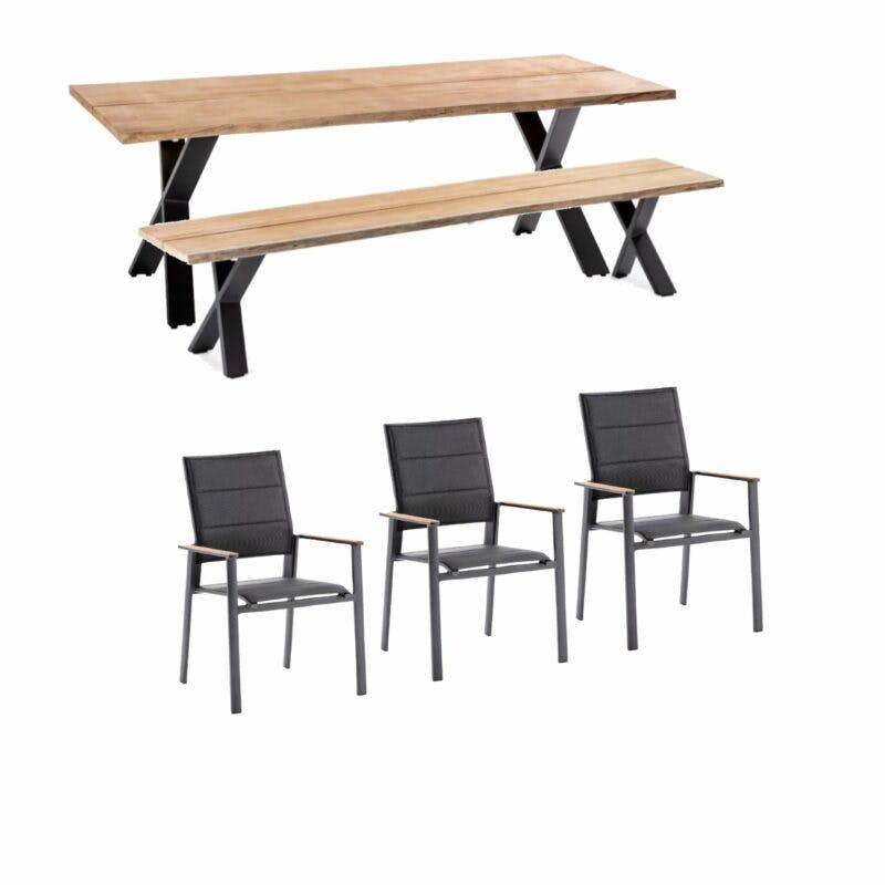 Niehoff Gartenmöbel-Set mit Tisch und Bank "Solid" und Stapelstuhl "Revent", Aluminium anthrazit, Tischplatte Teak, Sitz-und Rückenfläche gepolstert schwarz