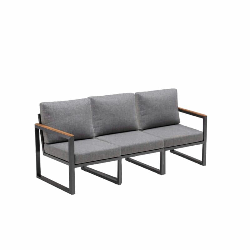 Kettler "Ocean Skid City Line" Diningsofa: 2x Endteil mit Armlehne & 1x Mittelteil, Alu anthrazit, Polster hellgrau meliert, Armlehnen Teak