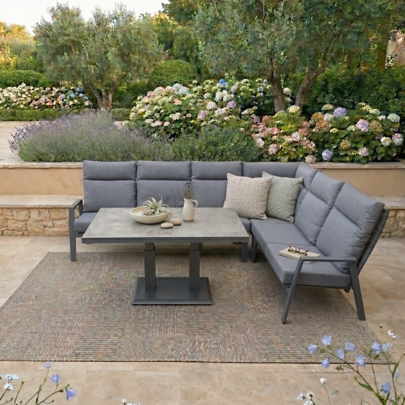 Lesli Living "Ohio" Loungeset mit "Murcia" Loungetisch höhenverstellbar, Gestelle Aluminium charcoal, Polster anthrazit, Tischplatte Keramik stone (Bild KI-generiert)