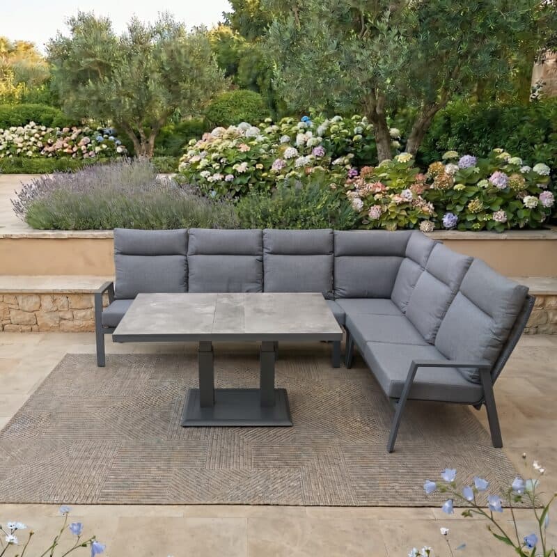 Lesli Living "Ohio" Loungeset mit "Murcia" Loungetisch höhenverstellbar, Gestelle Aluminium charcoal, Polster anthrazit, Tischplatte Keramik stone (Bild KI-generiert)