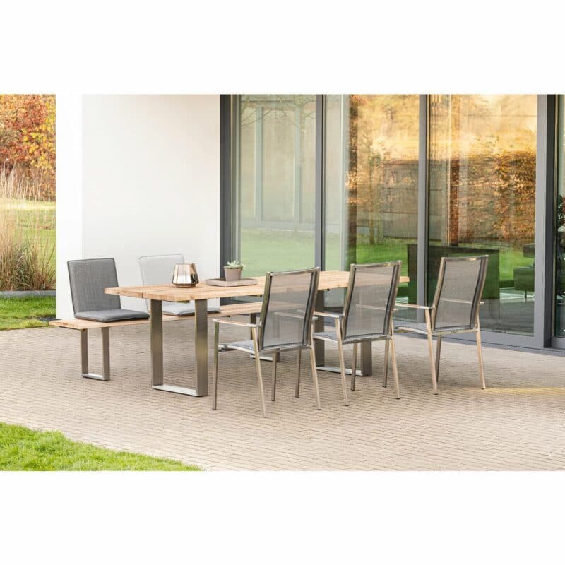 Niehoff Gartentisch und -bank "Solid" mit Sitzschale "Nette" und Gartenstuhl "Scalea", Gestell Edelstahl