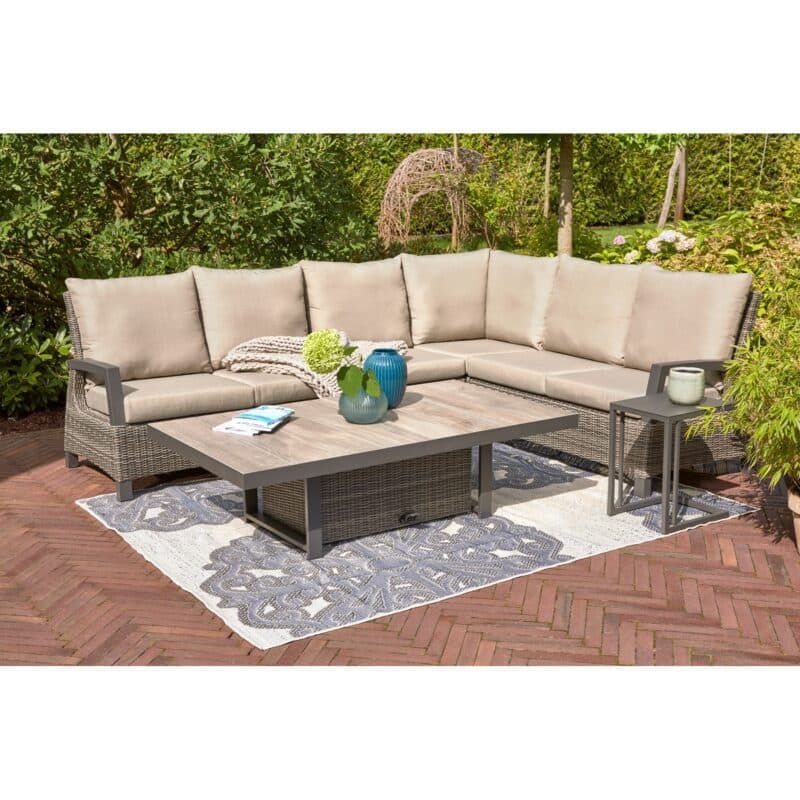 Siena Garden "Corido" Loungeset mit Lift-Tisch 160x90 cm und Ecklounge, Gestell Aluminium anthrazit, Geflecht charcoal grey, Tischplatte Keramik, Polster taupe meliert