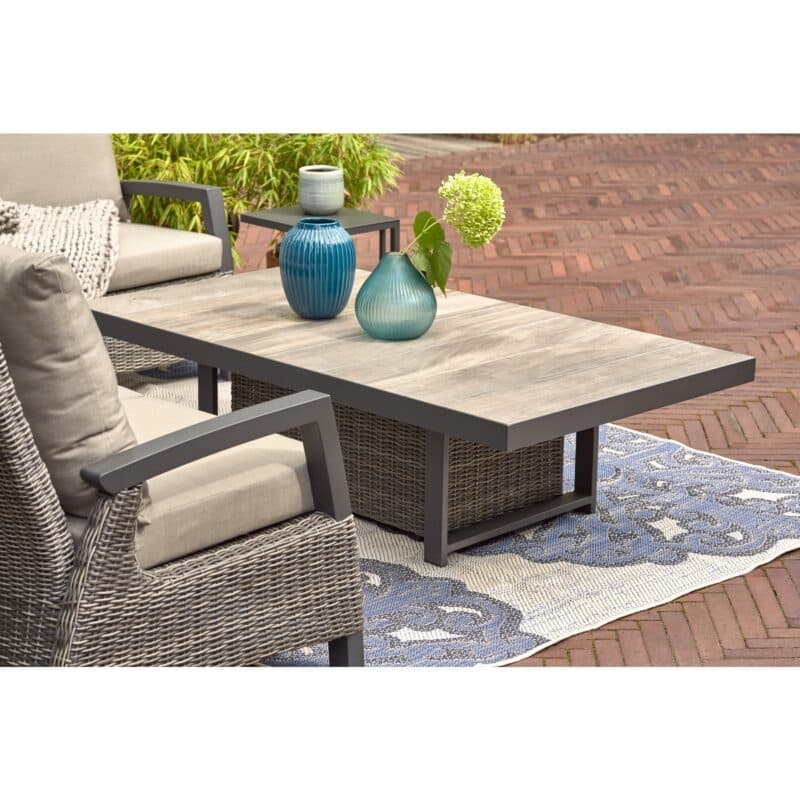 Siena Garden "Corido" Loungeset mit Lift-Tisch 160x90 cm und Ecklounge, Gestell Aluminium anthrazit, Geflecht charcoal grey, Tischplatte Keramik, Polster taupe meliert