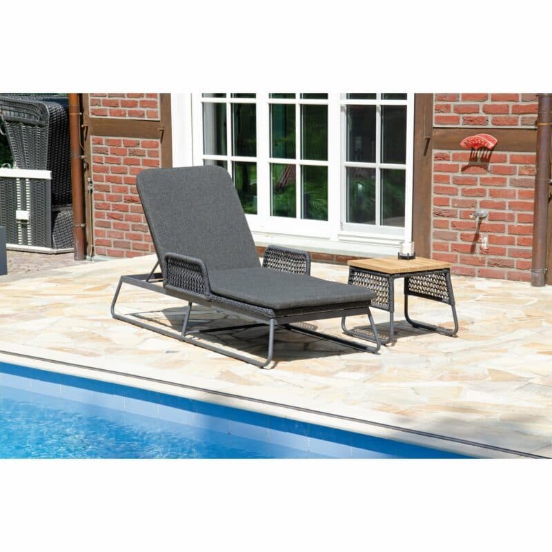 Sonnenpartner "Poison“ Liege, Gestell Aluminium grau, Geflecht Polyrope dunkelgrau, "Poison" Beistelltisch, Tischplatte Teak