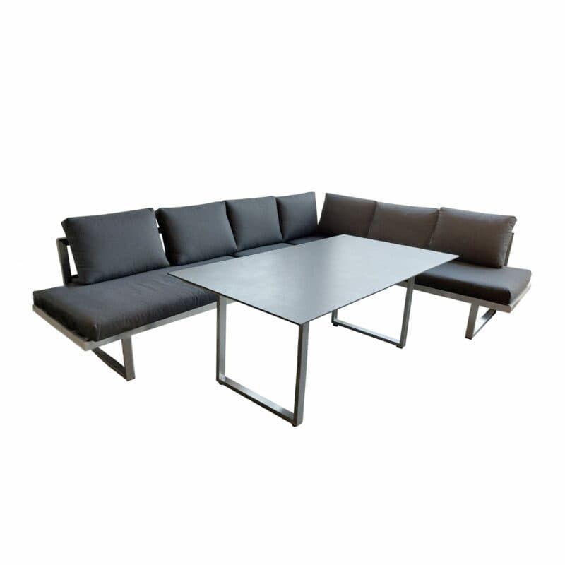Jati&Kebon "Rao" Loungeset mit Dining-Tisch, Gestelle Edelstahl gebürstet, Polster Natté Charcoal chiné, Tischplatte Dekton Laos, 160x90 cm