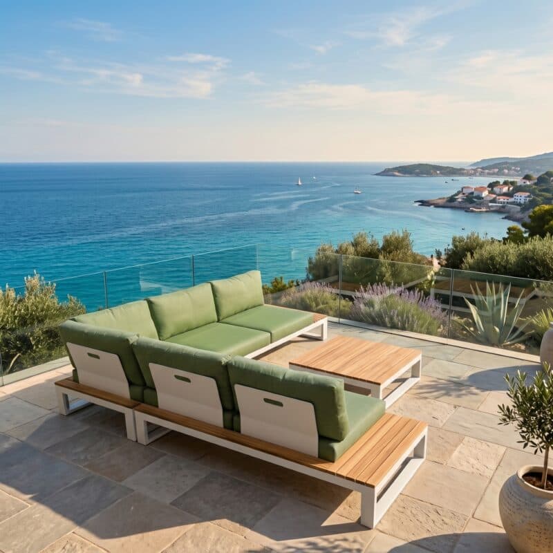 Jati&Kebon "Virginia" Ecklounge, Gestell Aluminium weiß mit Teak, Polster Sunbrella pistaziengrün (Bild KI-generiert)