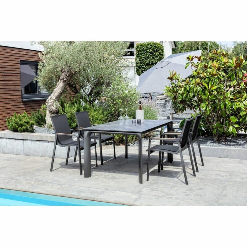 Kettler "Diamond" Stapelsessel, Gestell Aluminium Anthrazit, Sitzfläche Textilgewebe® charcoal, Armlehne Teak