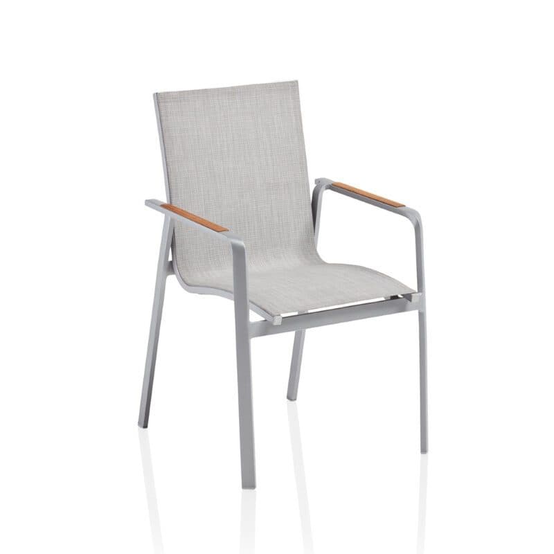 Kettler "Diamond" Stapelsessel, Gestell Aluminium silber, Sitzfläche Textilene® hellgrau, Armlehne Teak