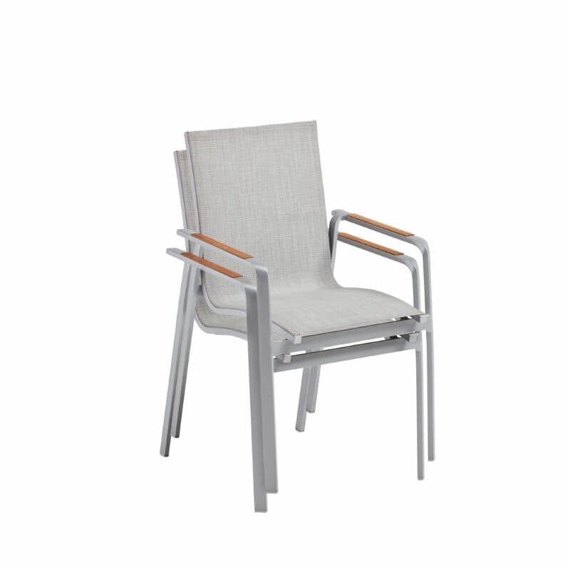 Kettler "Diamond" Stapelsessel, Gestell Aluminium silber, Sitzfläche Textilene® hellgrau, Armlehne Teak