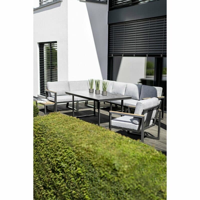 Kettler "Ocean Skid Modular" Loungeserie, Gestell Aluminium anthrazit, Polster Olefin hellgrau meliert, Armlehnen Teak, Tisch "Skate"